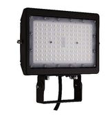 Black LED flood light with clear lens, mounted on a bracket, with visible LED modules inside the rectangular housing.