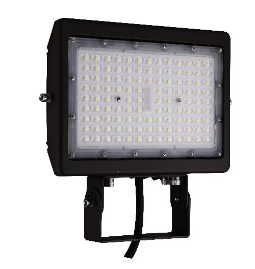 Black LED flood light with clear lens, mounted on a bracket, with visible LED modules inside the rectangular housing.