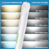 T8 4FT LED Tube Light, 8W - 20W & 3K/35K/4K/5K/6K/65K Selectable, Ballast Compatible & Bypass Ballast